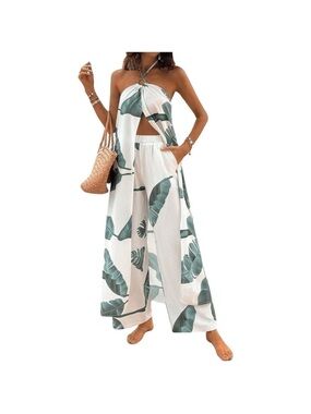 New Green and White Tropical 2 Piece Outfits Long Halter Top